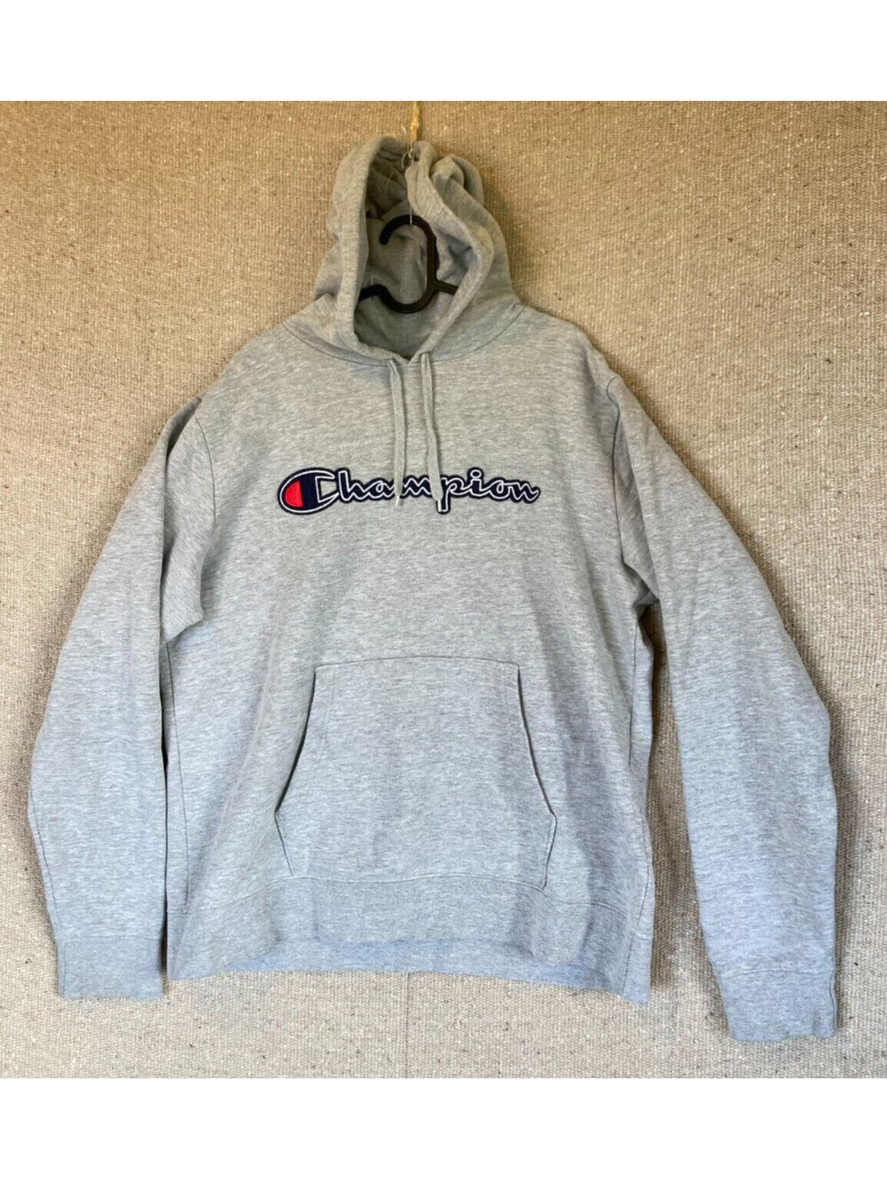 Mens Sz Large CHAMPION Hooded Pullover Sweater Heather Gray Script Embroidered